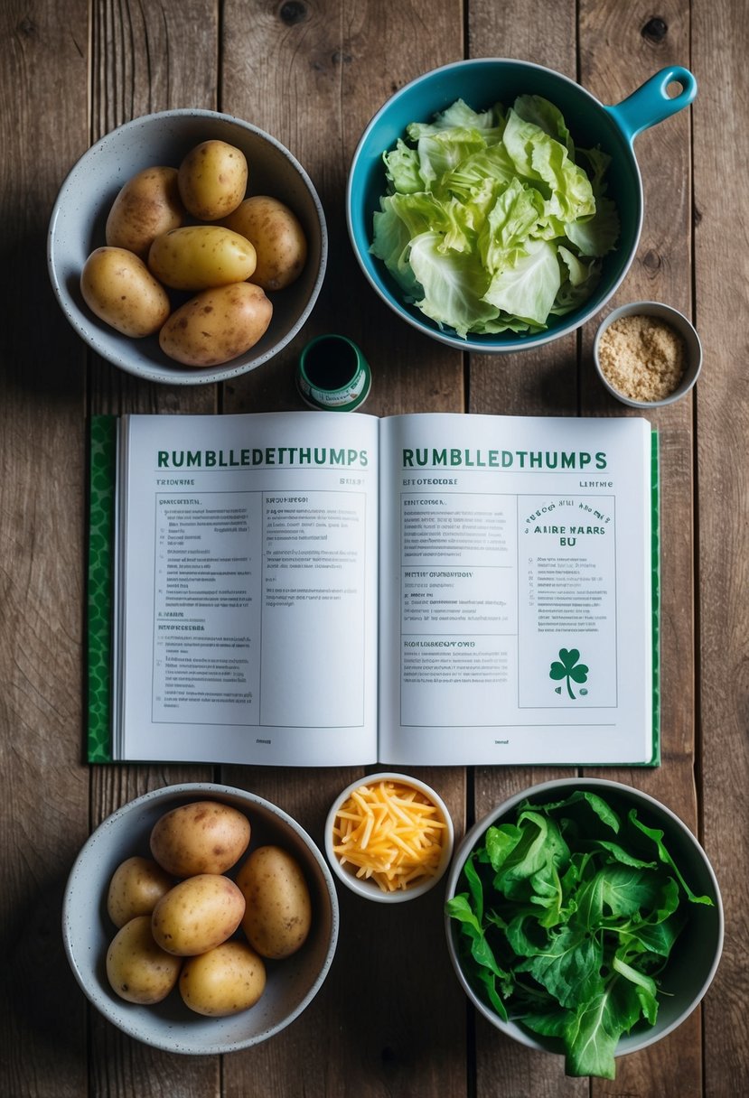 A rustic kitchen table set with ingredients for Rumbledethumps, including potatoes, cabbage, and cheese, with a recipe book open to a page for St. Andrews Day