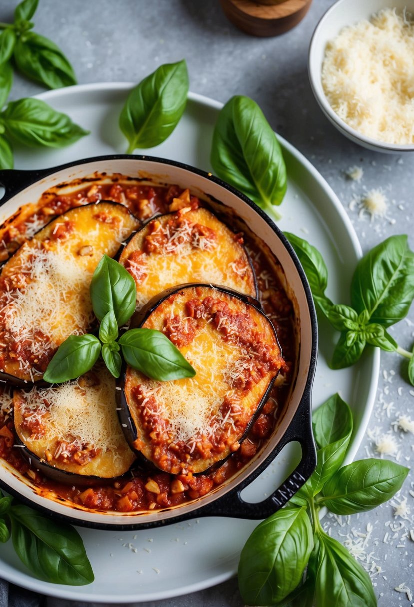 A golden-brown eggplant parmesan dish surrounded by fresh basil leaves and sprinkled with grated parmesan cheese