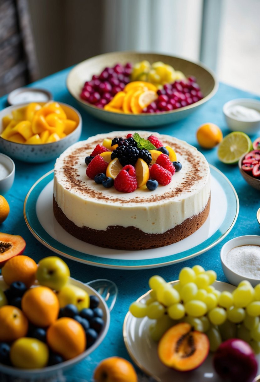 A table set with a traditional Sicilian cassata, surrounded by vibrant fruits and ingredients