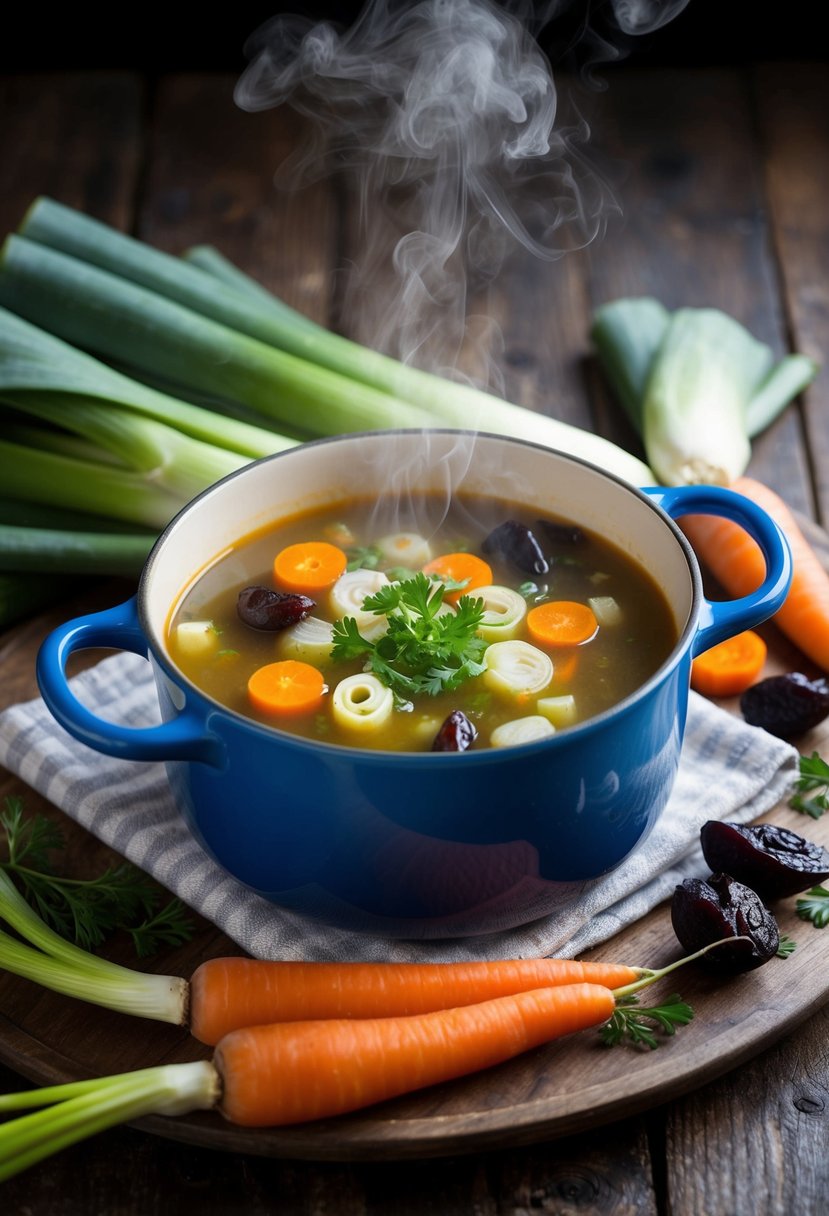 A steaming pot of Cock-a-Leekie Soup surrounded by fresh leeks, carrots, and prunes on a rustic wooden table