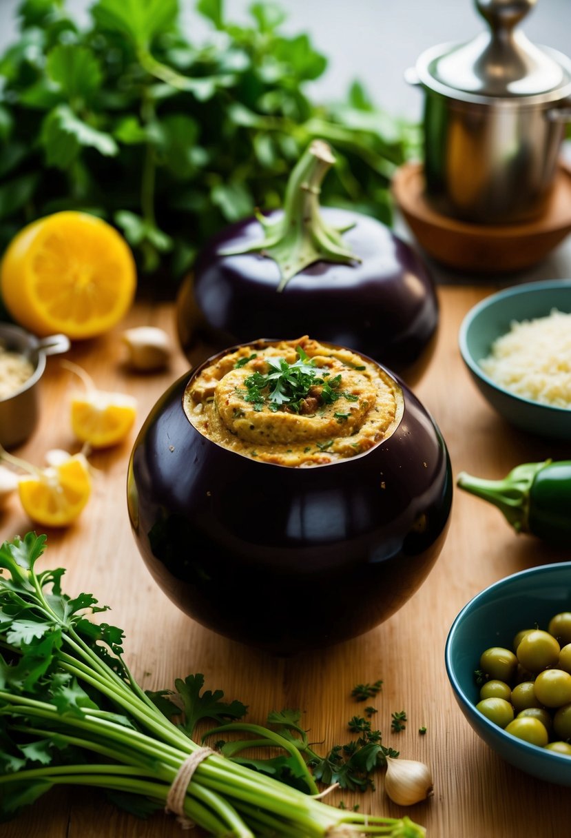 A round eggplant surrounded by fresh ingredients and cooking utensils for making Baba Ganoush