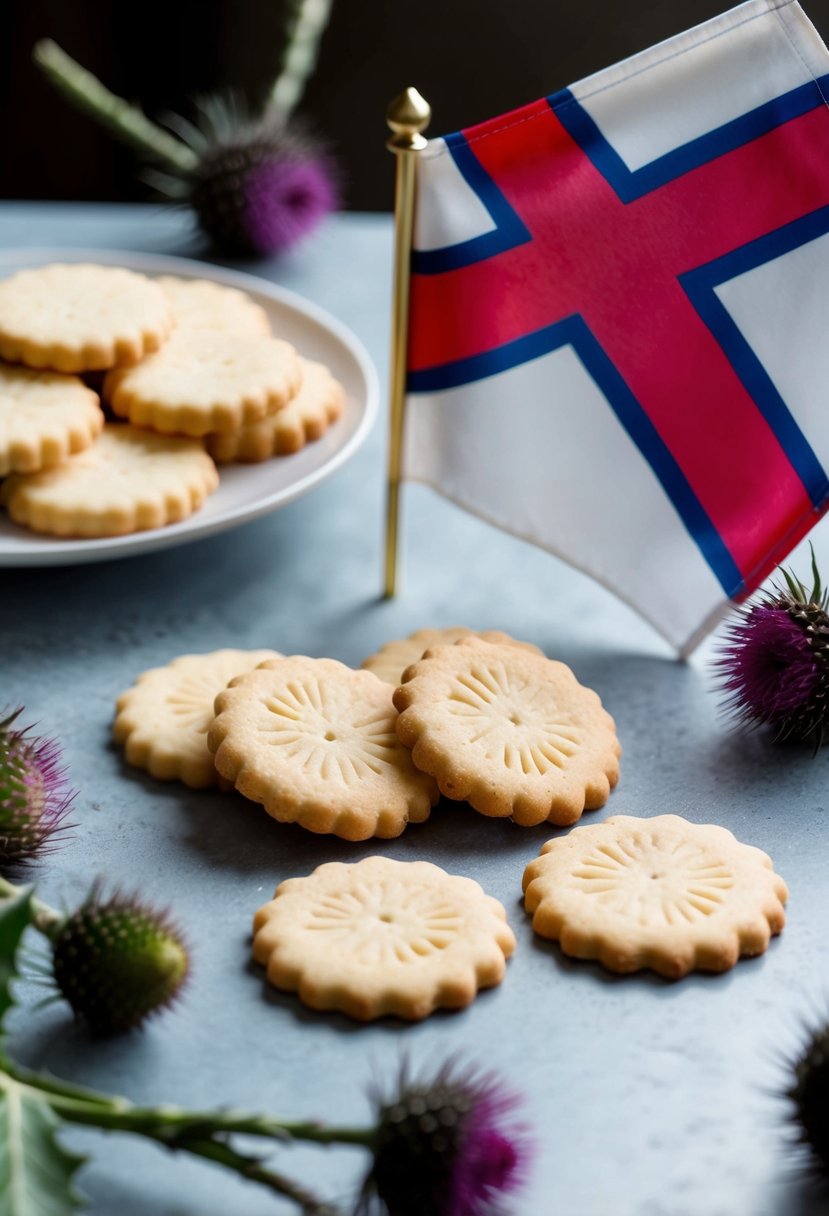 A table set with shortbread cookies, thistles, and a St. Andrew's Cross flag