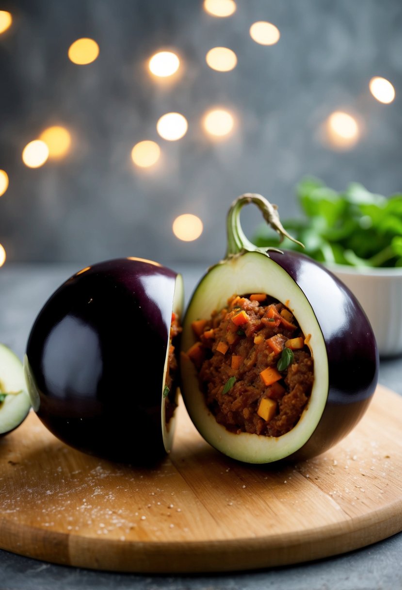 A round eggplant cut in half, hollowed out, and stuffed with a savory filling, ready to be baked