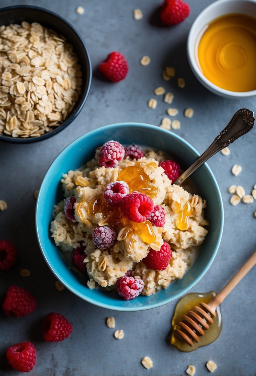 A table set with a bowl of cranachan dessert, surrounded by ingredients like oats, raspberries, and honey