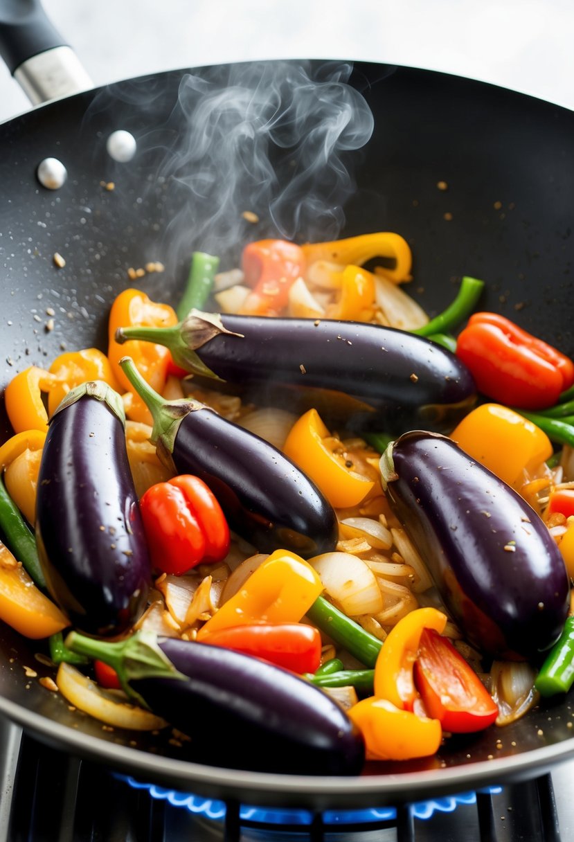 Fresh eggplants, bell peppers, and onions sizzling in a wok with a savory stir-fry sauce. Steam rises as the vegetables cook to perfection