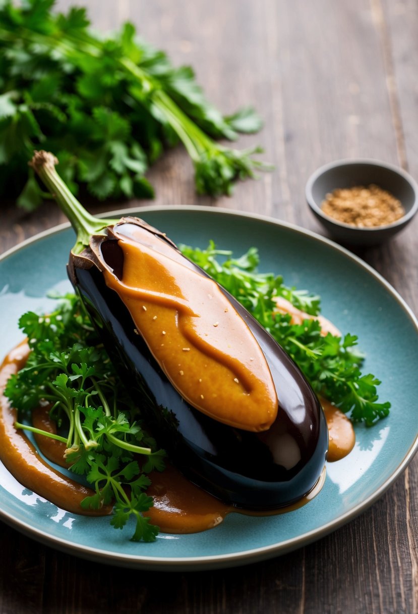 A glossy miso-glazed eggplant sits on a round plate, surrounded by vibrant green herbs and drizzled with a rich, caramel-colored sauce