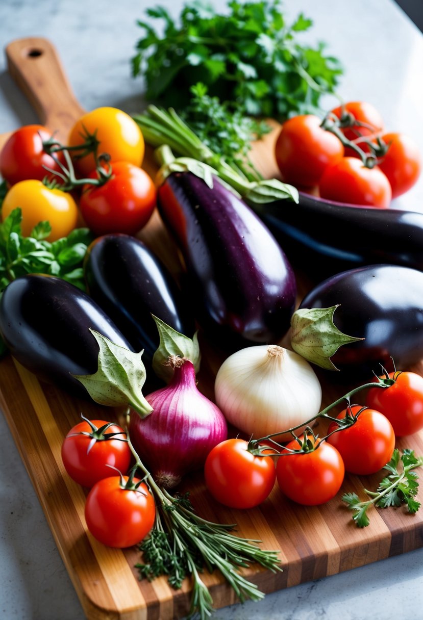 A colorful array of fresh eggplant, tomatoes, onions, and herbs arranged on a wooden cutting board