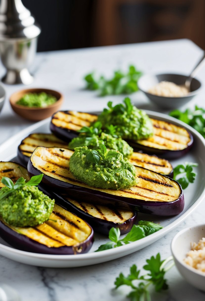 A platter of grilled eggplant slices topped with vibrant green pesto and garnished with fresh herbs