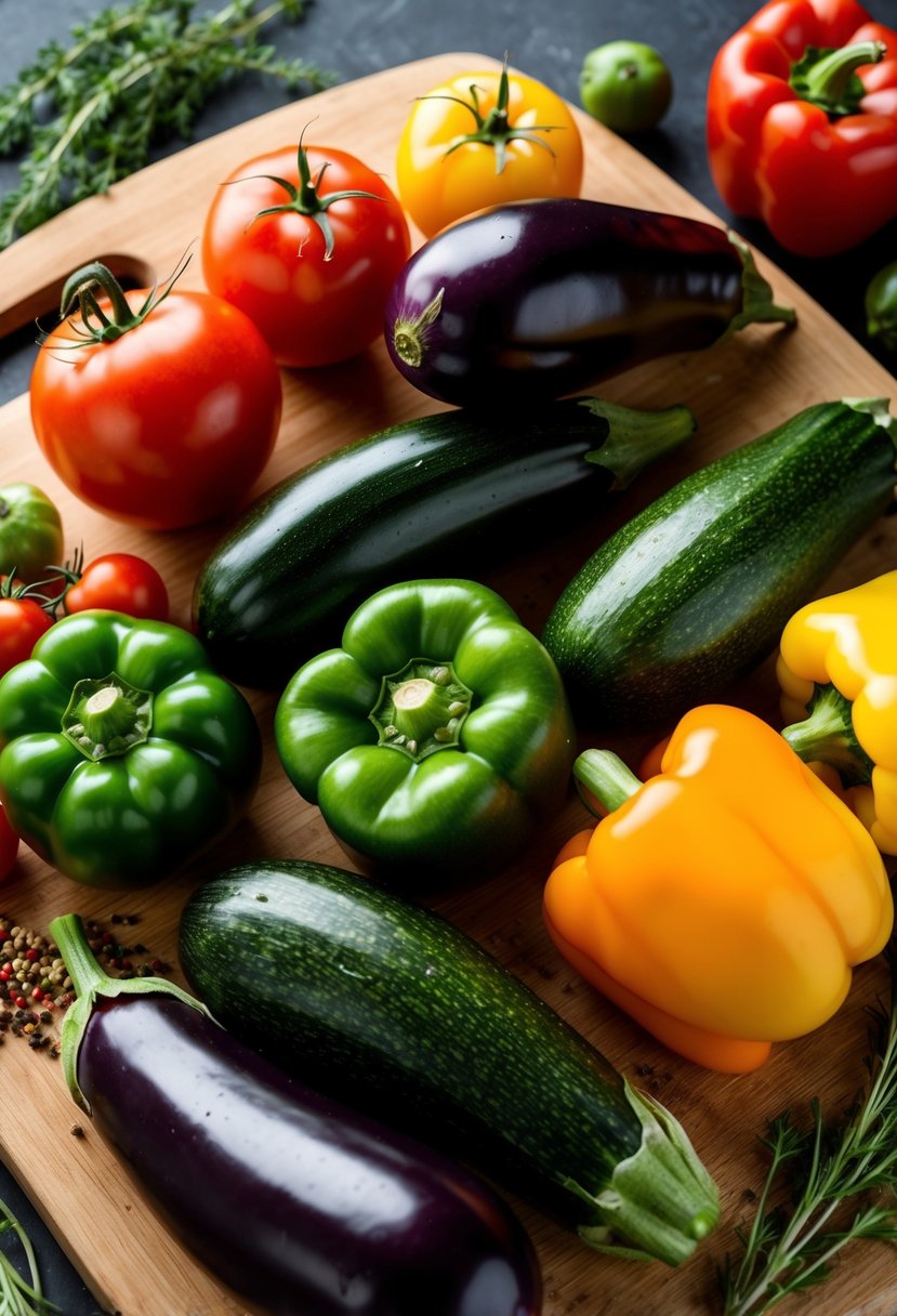 Fresh eggplants, tomatoes, zucchini, and bell peppers arranged on a wooden cutting board, surrounded by herbs and spices