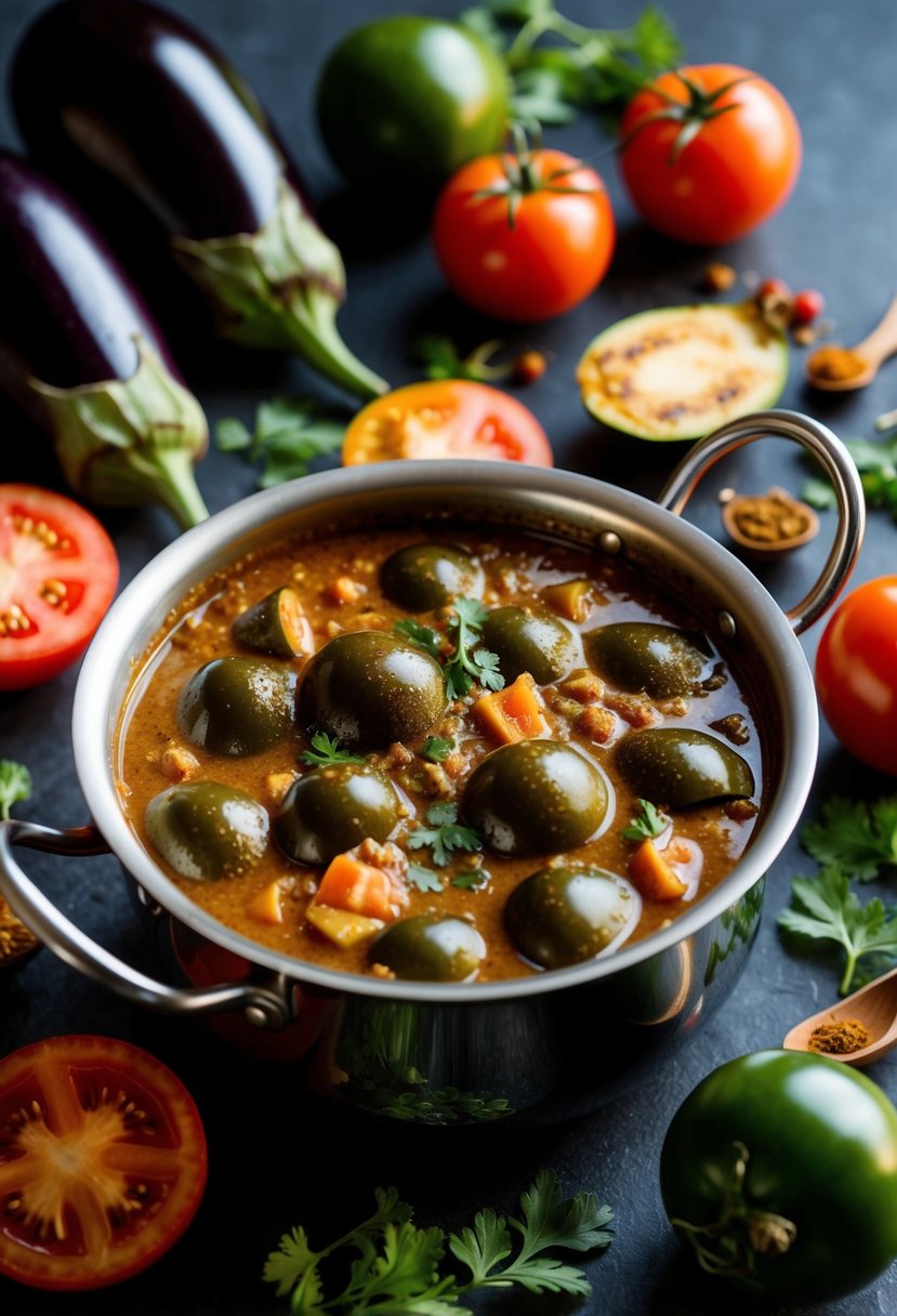 A bubbling pot of eggplant curry surrounded by whole and sliced eggplants, tomatoes, and aromatic spices