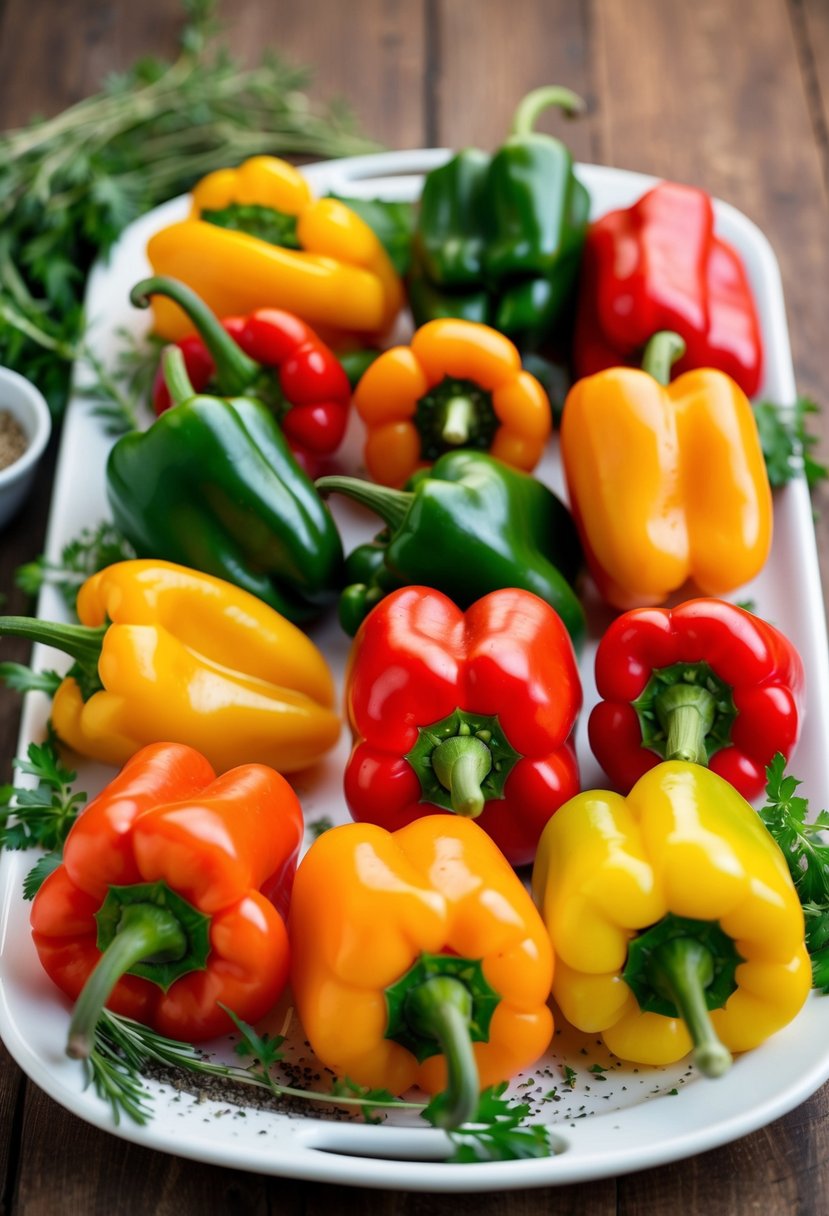 A colorful array of assorted peppers, sliced and arranged on a serving platter with fresh herbs and seasonings