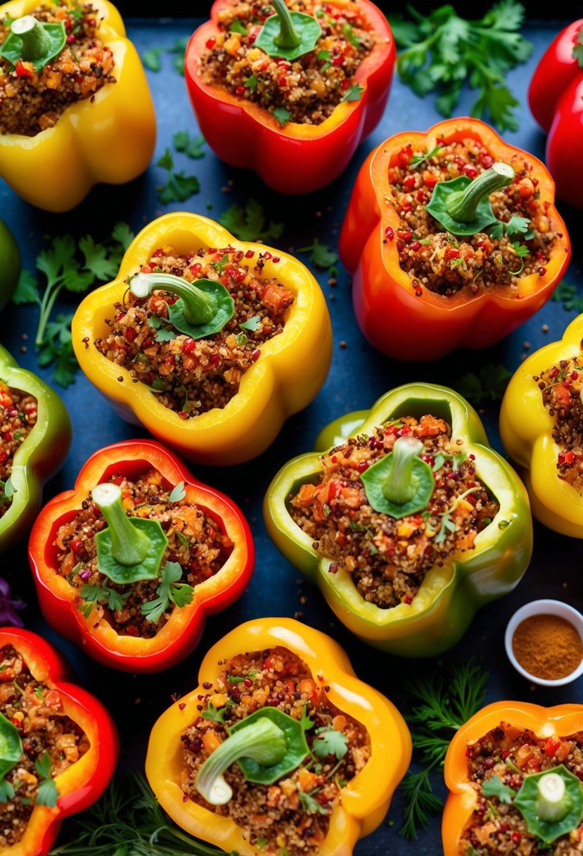 A colorful array of stuffed bell peppers filled with quinoa, surrounded by vibrant herbs and spices