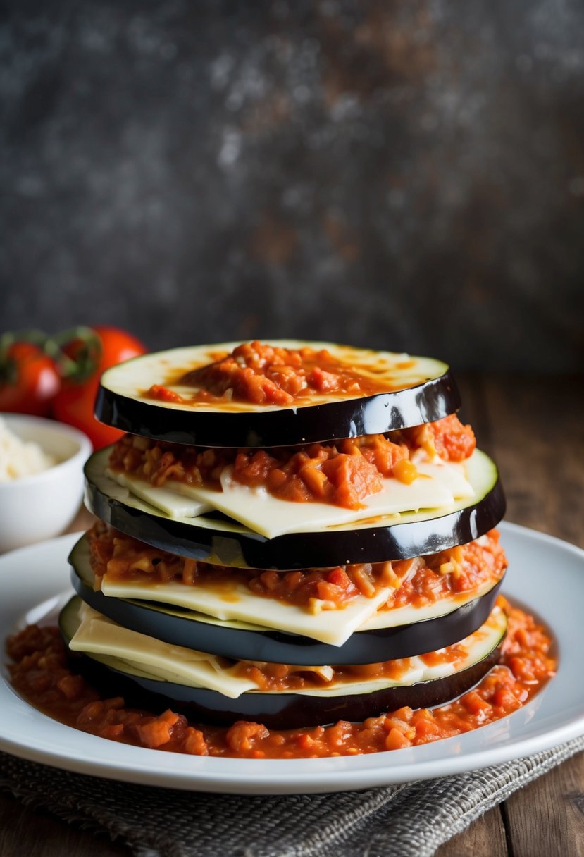 A round eggplant sliced into thin layers, stacked with tomato sauce and cheese, ready to be baked into a delicious eggplant lasagna