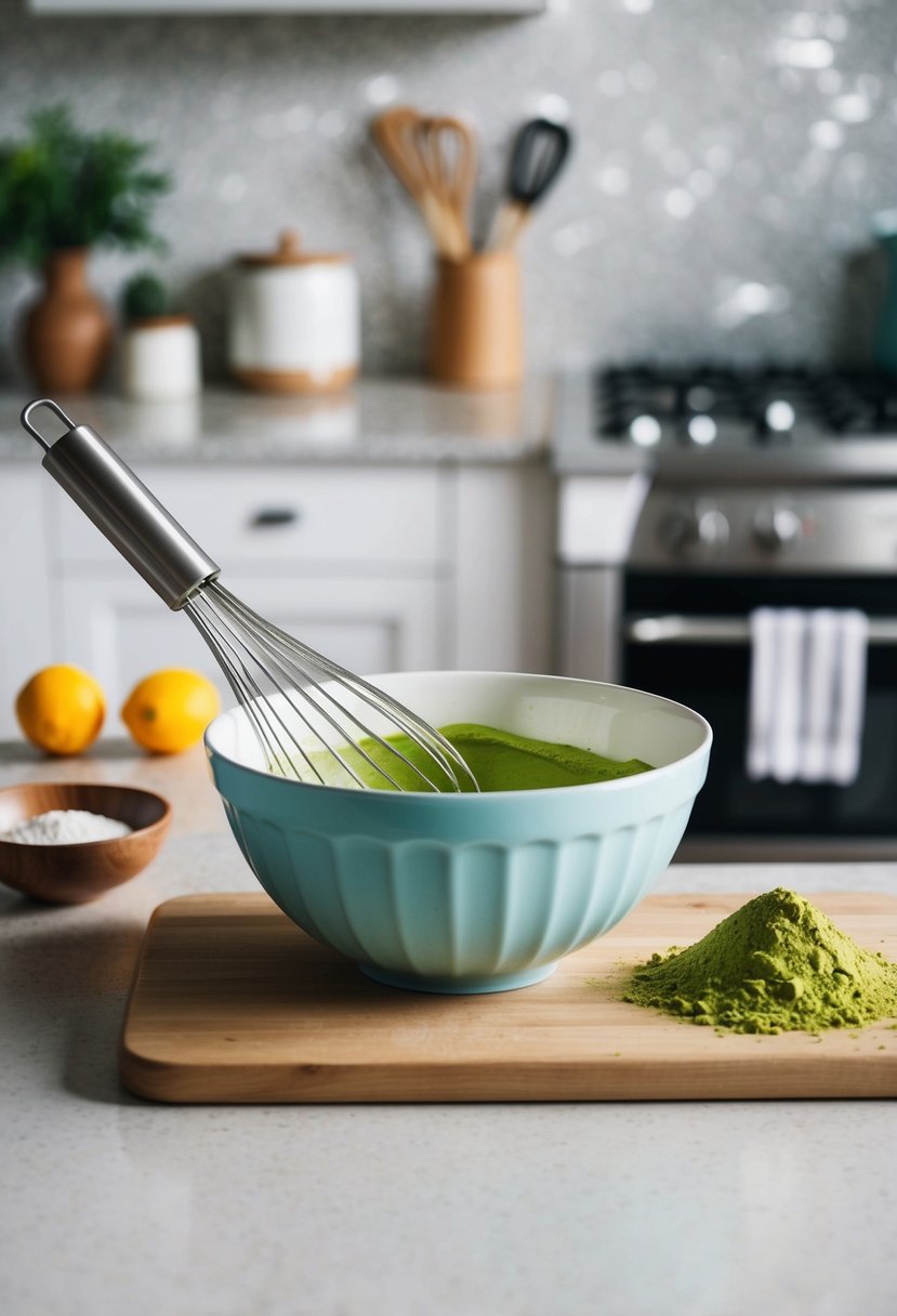 A kitchen counter with a mixing bowl, whisk, and ingredients for matcha pound cake