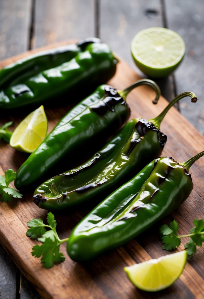 Grilled poblano peppers with lime wedges on a rustic wooden cutting board