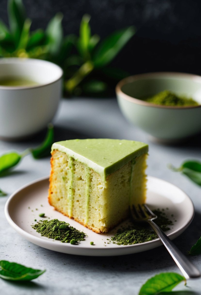 A slice of matcha pound cake rests on a delicate plate, surrounded by a scattering of fresh, vibrant green tea leaves