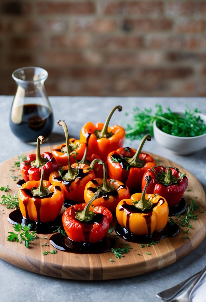 A platter of roasted red peppers drizzled with balsamic reduction, garnished with fresh herbs on a wooden serving board