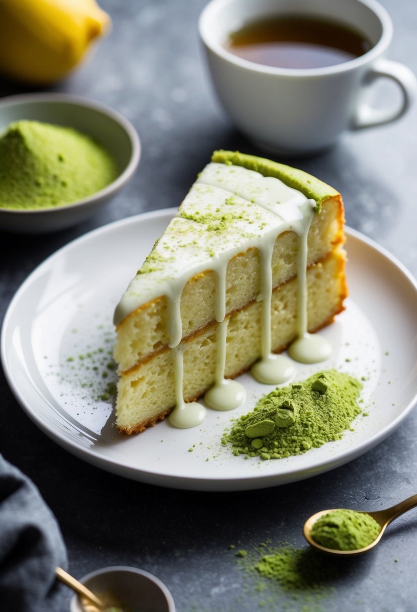 A slice of matcha lemon pound cake on a white plate with a drizzle of glaze and a dusting of matcha powder, accompanied by a cup of green tea