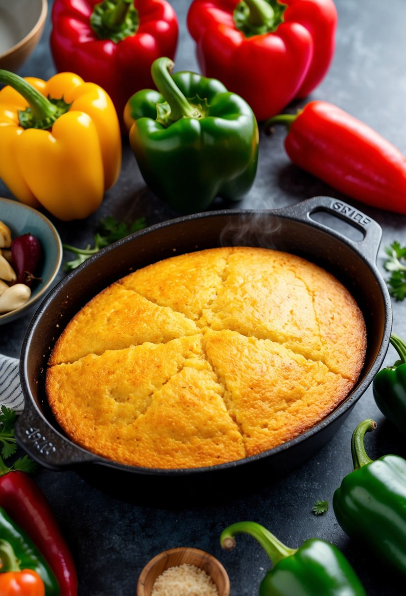 A steaming pan of spicy jalapeño cornbread sits beside a colorful array of peppers and ingredients for side dish recipes