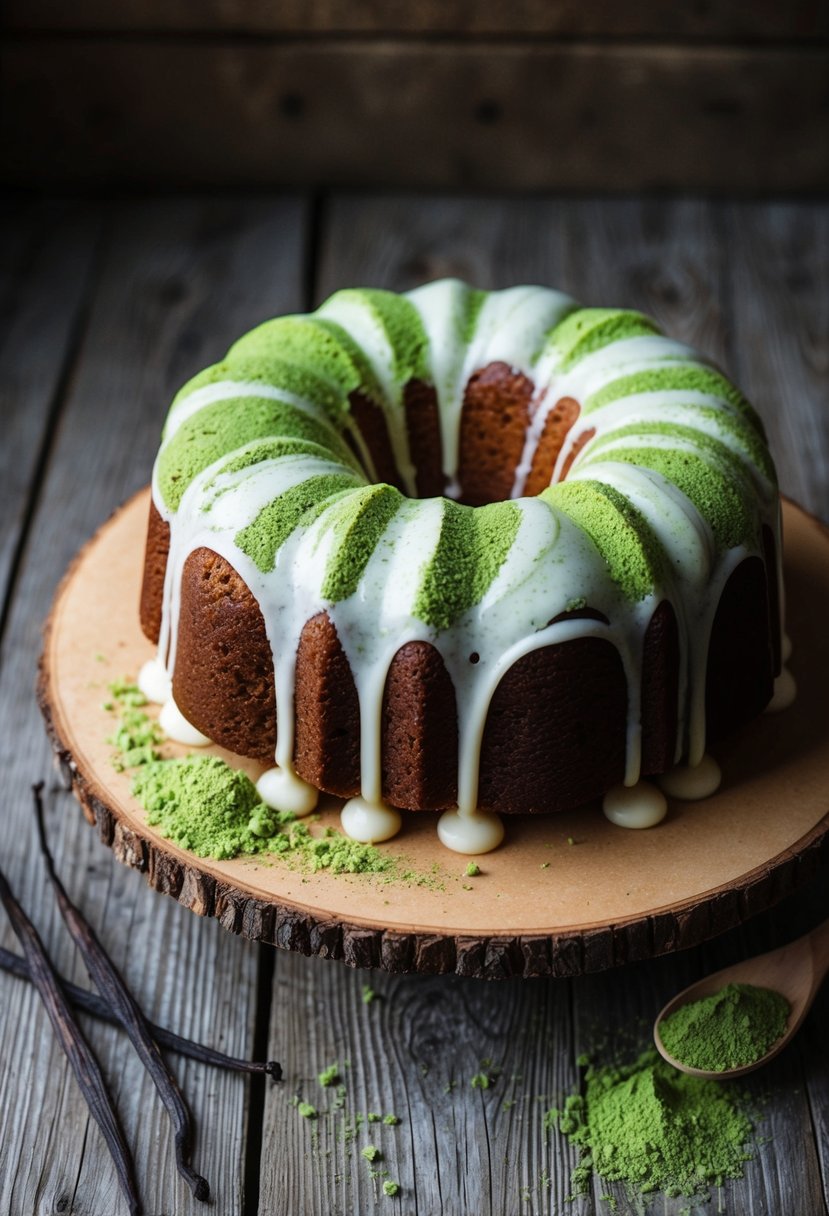 A marble pound cake with swirls of matcha and vanilla, sitting on a rustic wooden table with a scattering of matcha powder and vanilla beans