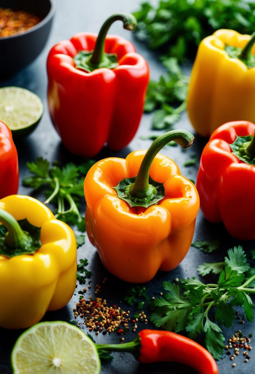 Colorful peppers marinating in a zesty chili-lime sauce, surrounded by fresh herbs and spices