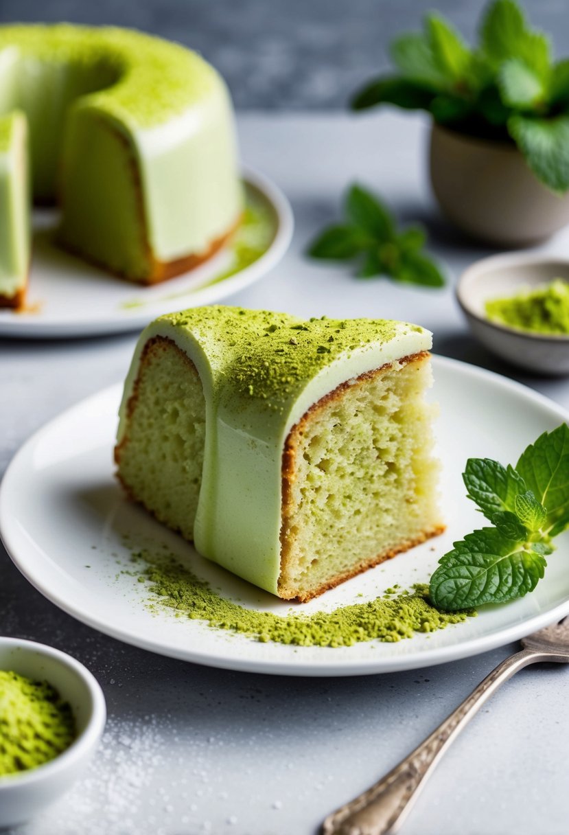 A slice of gluten-free matcha pound cake on a white plate with a dusting of matcha powder and a sprig of fresh mint on the side