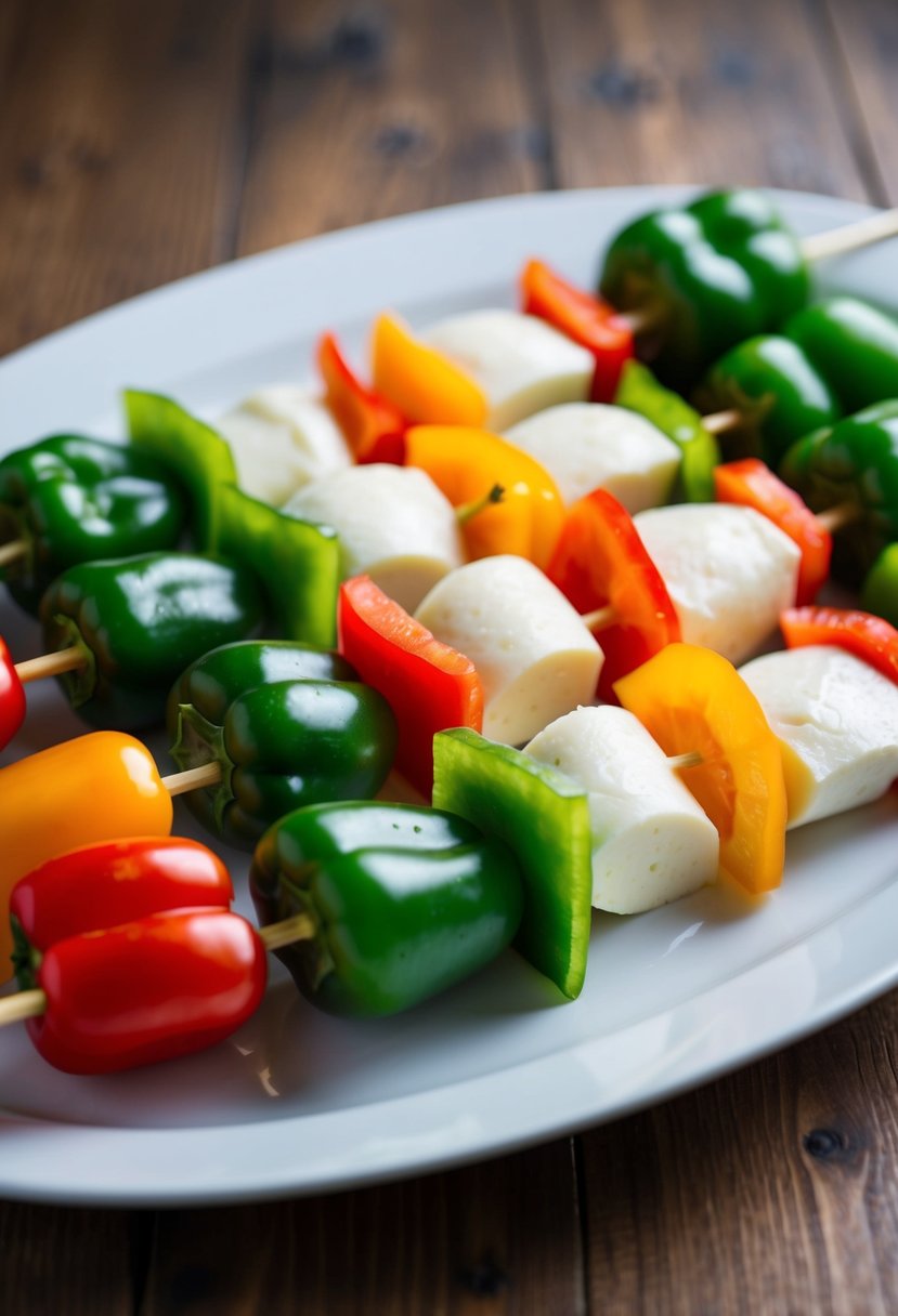 Fresh green and red peppers and slices of mozzarella skewered on bamboo sticks, arranged on a white serving platter