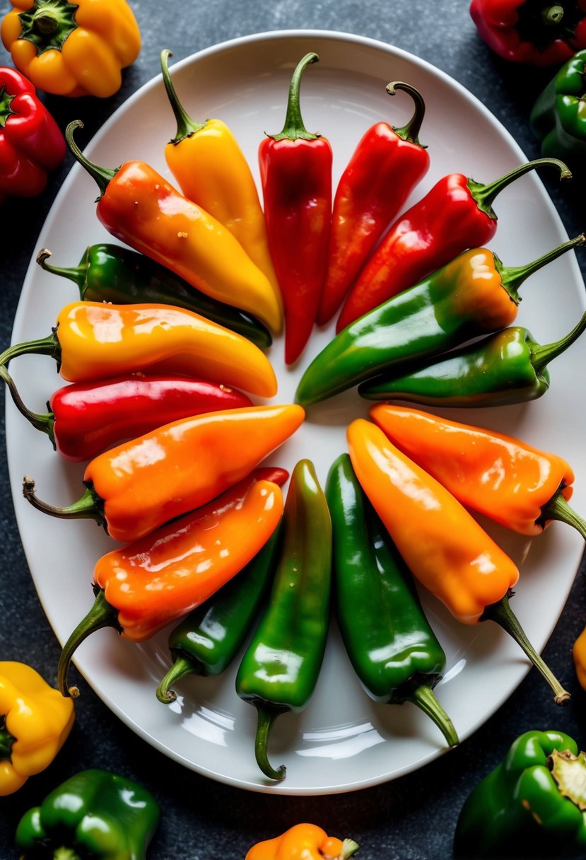 A colorful array of habanero peppers, glistening with a sweet and spicy glaze, arranged on a serving platter