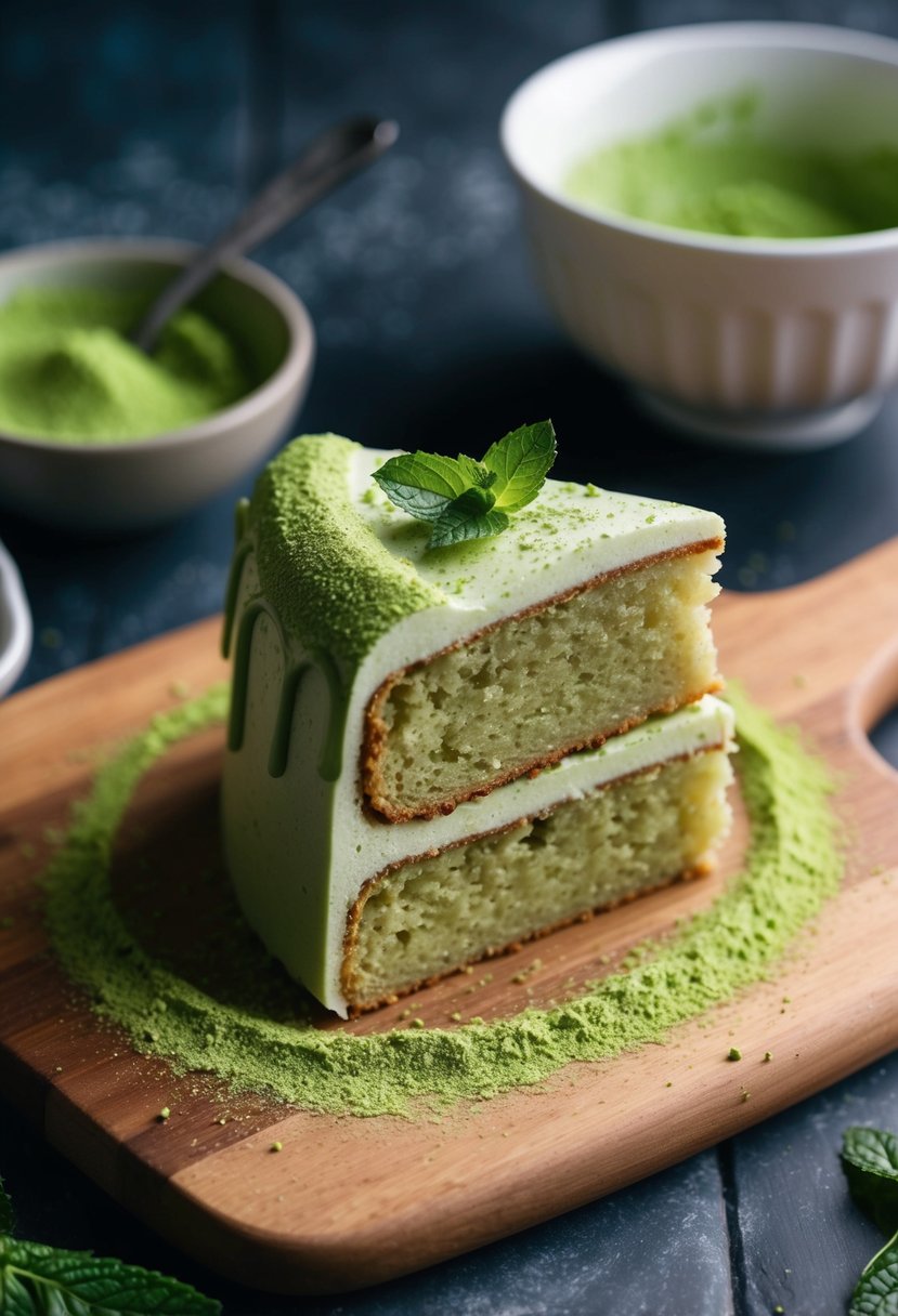 A slice of Vegan Matcha Pound Cake on a wooden cutting board with a dusting of matcha powder and a sprig of fresh mint as garnish