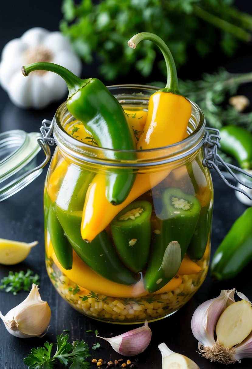 Fresh banana peppers floating in a jar of garlic marinade, surrounded by whole garlic cloves, herbs, and spices