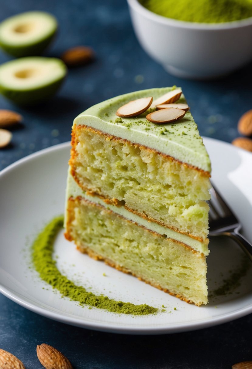 A slice of matcha almond pound cake on a plate with a dusting of matcha powder and scattered almond slices