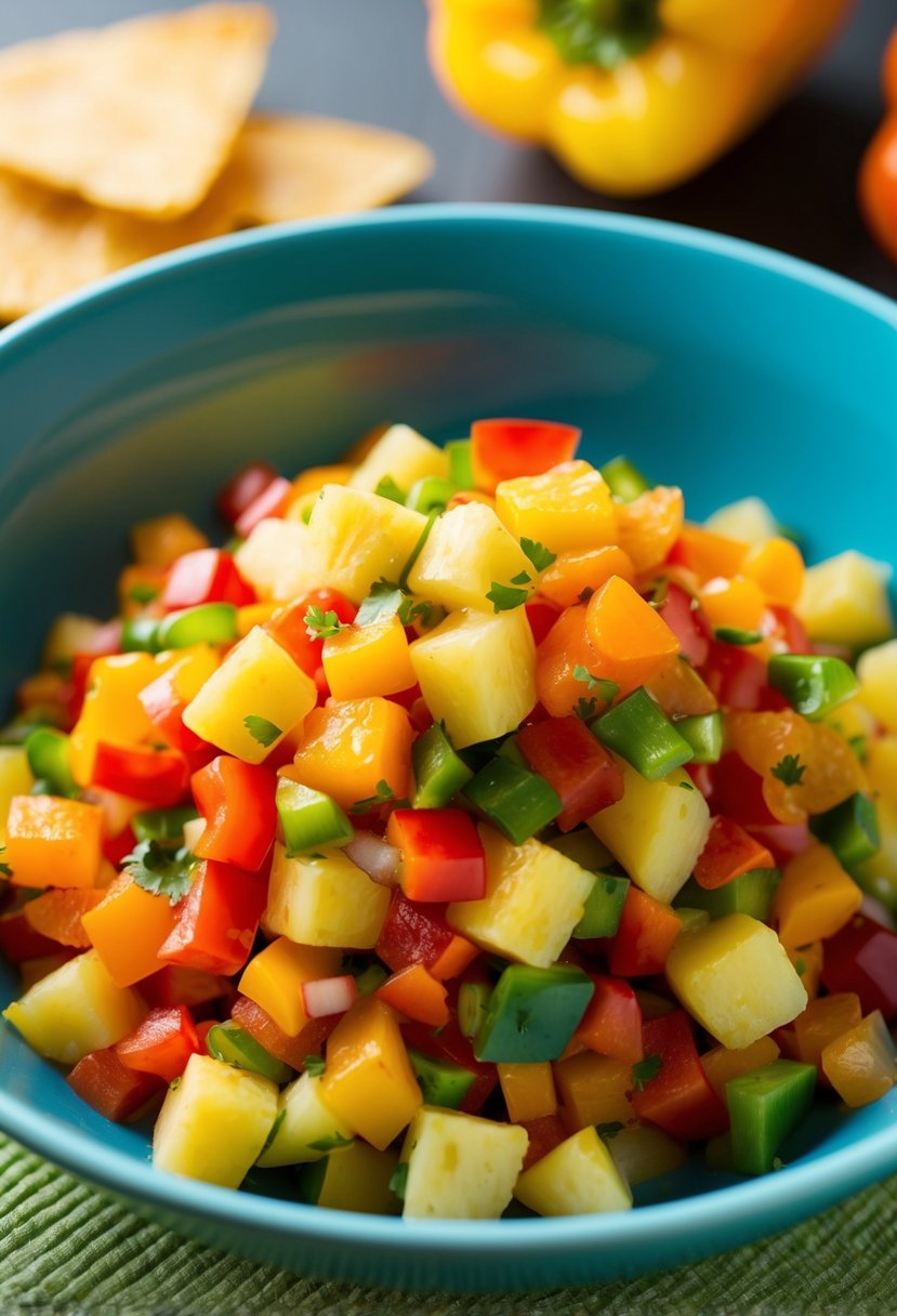 A vibrant bowl of diced bell peppers and pineapple mixed together in a colorful salsa, ready to be served as a zesty side dish