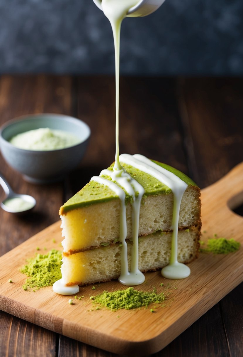 A slice of white chocolate matcha pound cake on a wooden cutting board with a dusting of matcha powder and a drizzle of white chocolate