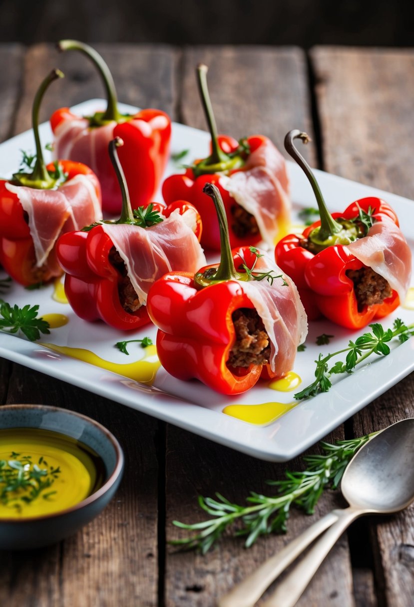 A platter of stuffed cherry peppers with prosciutto, garnished with fresh herbs and drizzled with olive oil, sits on a rustic wooden table