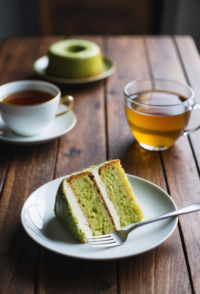 A slice of matcha coconut pound cake on a plate with a cup of tea on a wooden table