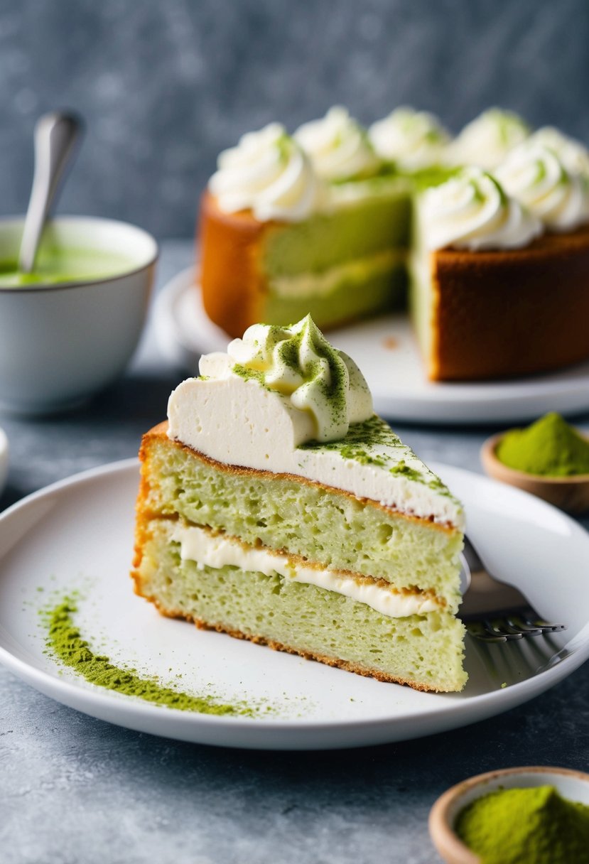 A slice of matcha cream cheese pound cake on a white plate with a dollop of whipped cream and a sprinkle of matcha powder