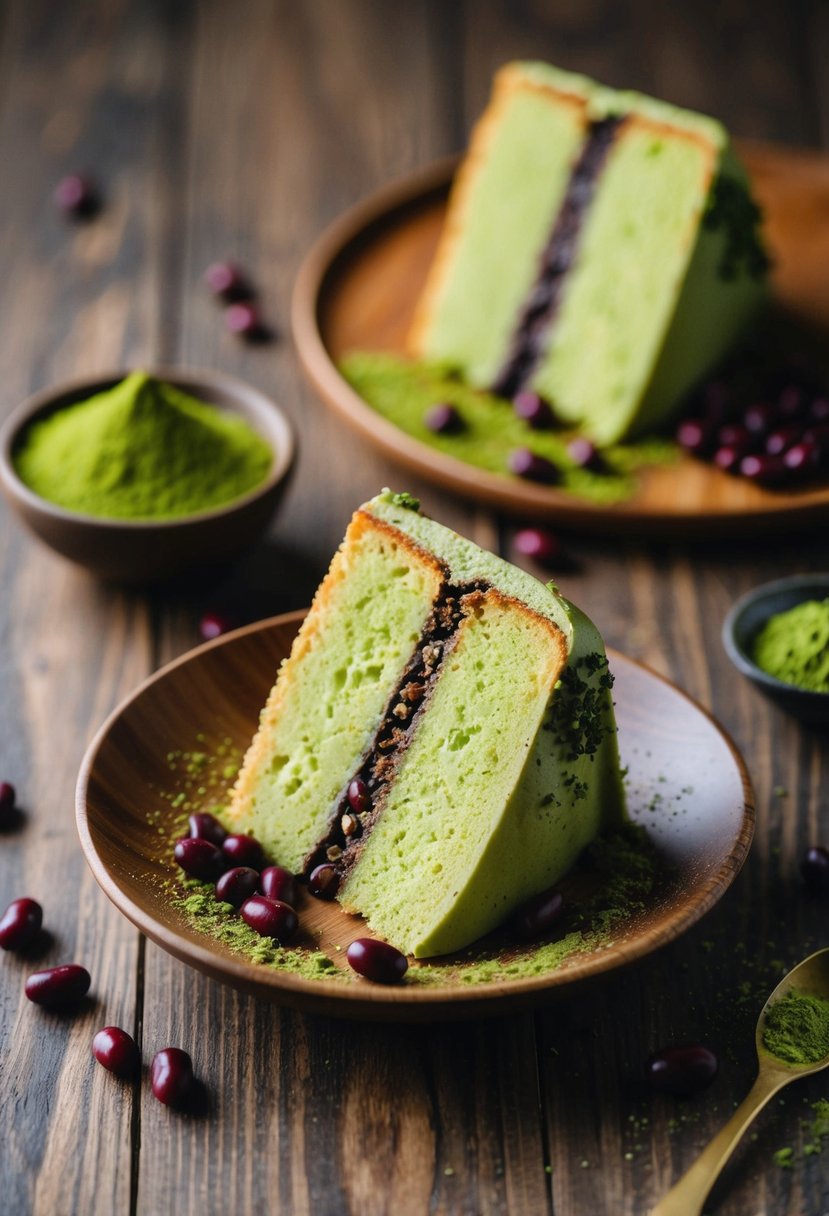 A slice of matcha and red bean pound cake on a wooden plate, surrounded by a scattering of red beans and a dusting of matcha powder