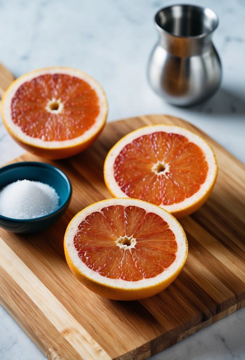 A white grapefruit sliced into wedges on a wooden cutting board, with a small bowl of sugar nearby