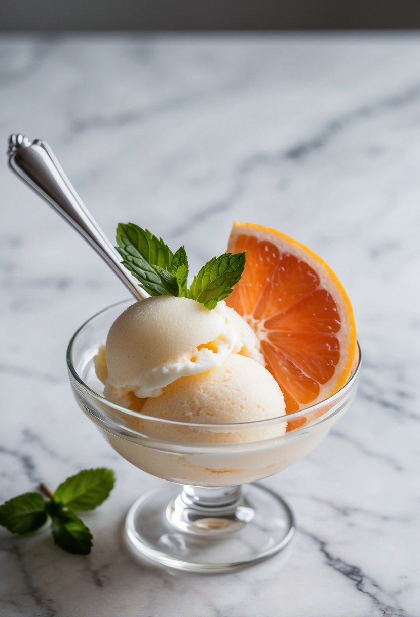 A scoop of white grapefruit sorbet in a glass bowl, garnished with a slice of grapefruit and a sprig of mint, sitting on a marble countertop