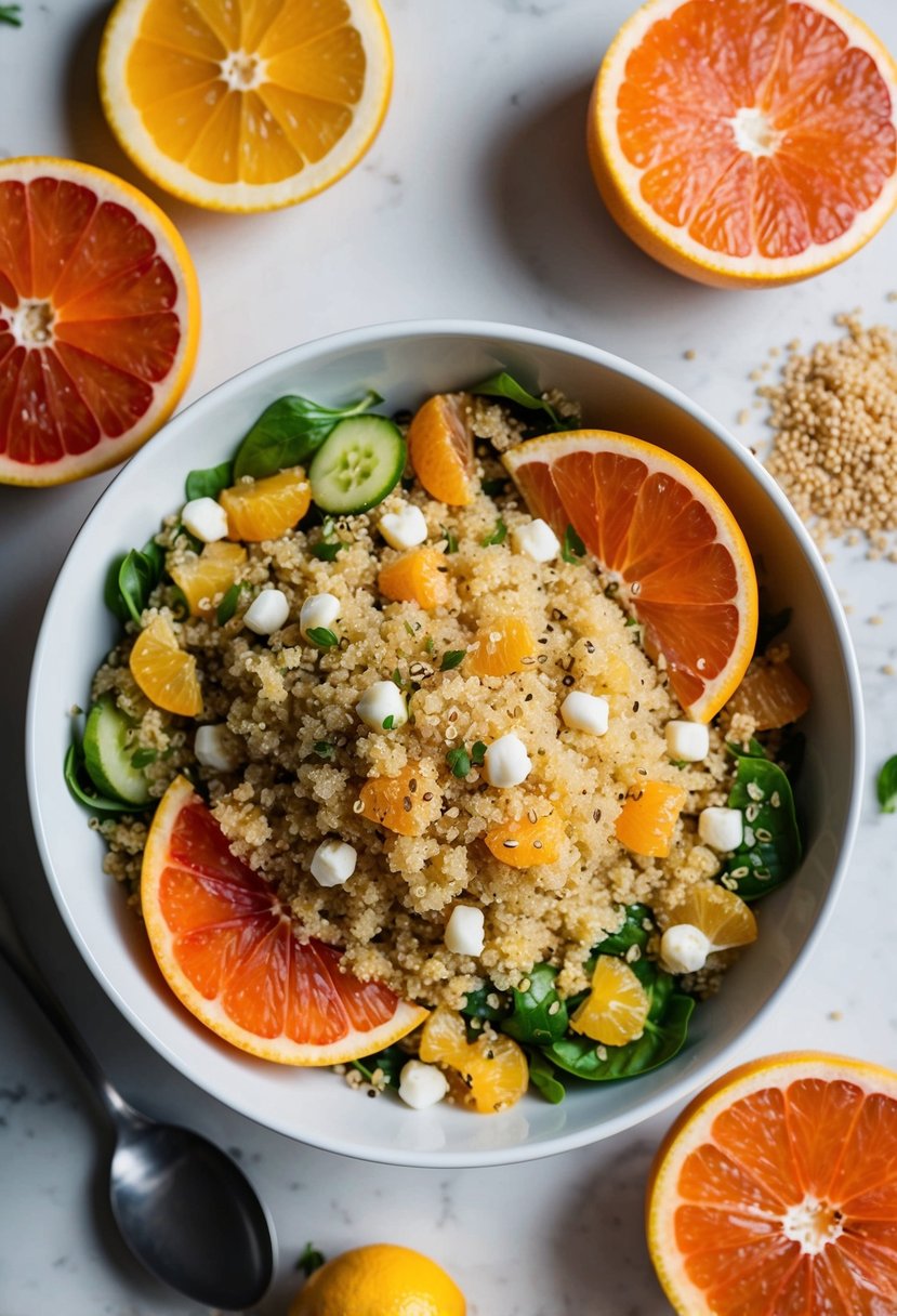 A bowl of quinoa salad with white grapefruit slices, surrounded by fresh citrus fruits and a scattering of quinoa grains