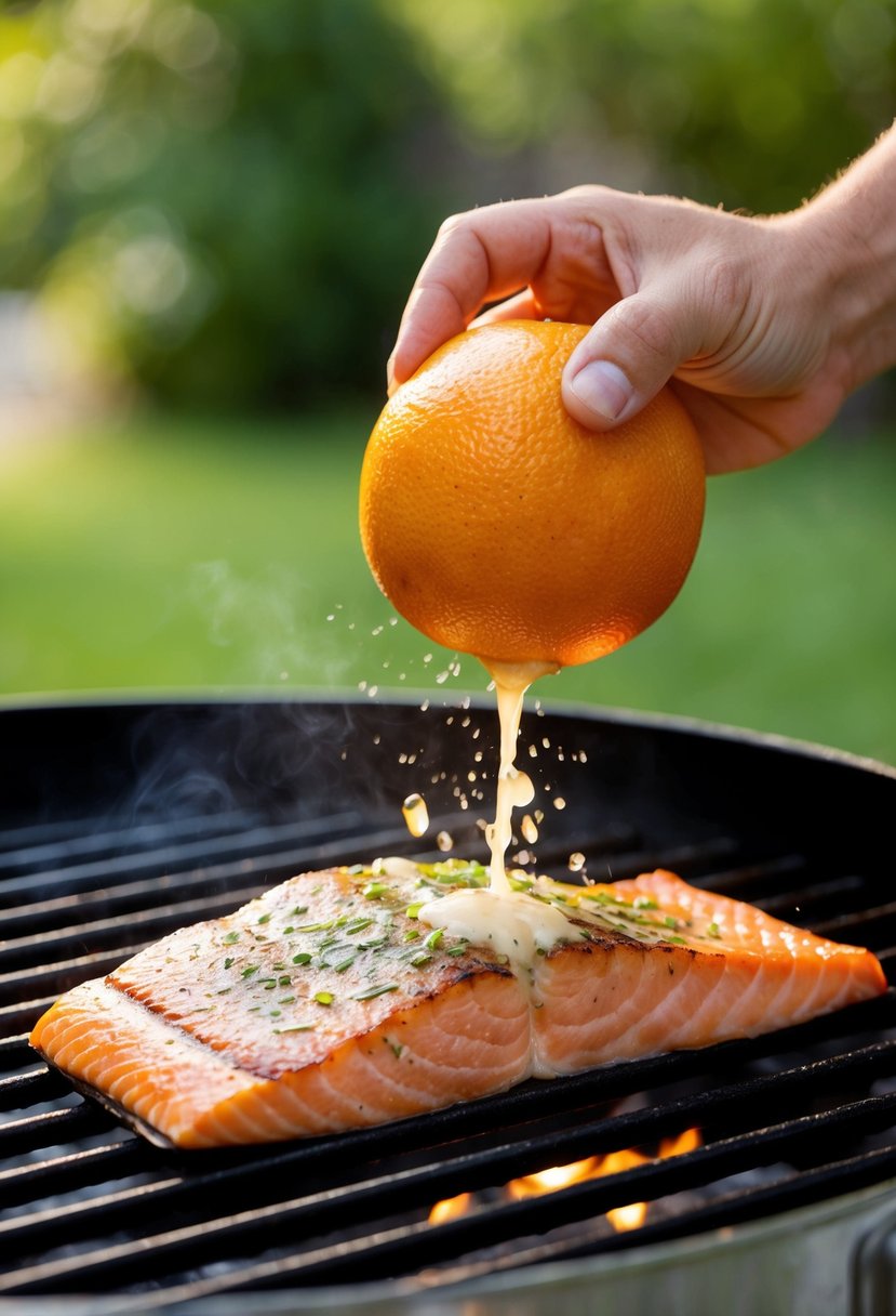 A juicy grapefruit being squeezed over a sizzling salmon fillet on a grill