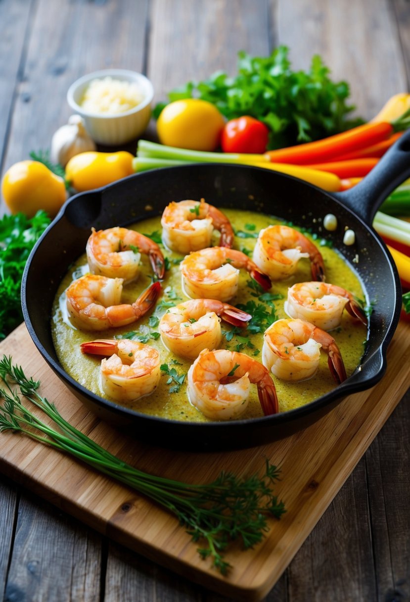 A sizzling skillet of garlic butter shrimp, surrounded by colorful vegetables and herbs on a wooden cutting board