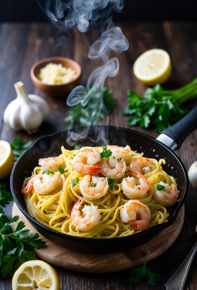 A sizzling skillet of garlic butter shrimp pasta, steam rising, surrounded by fresh ingredients like garlic, parsley, and lemon