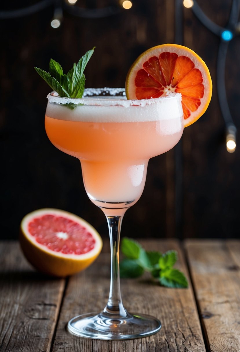 A tall glass filled with a pale pink White Grapefruit Margarita, garnished with a slice of fresh grapefruit and a sprig of mint, set on a rustic wooden table