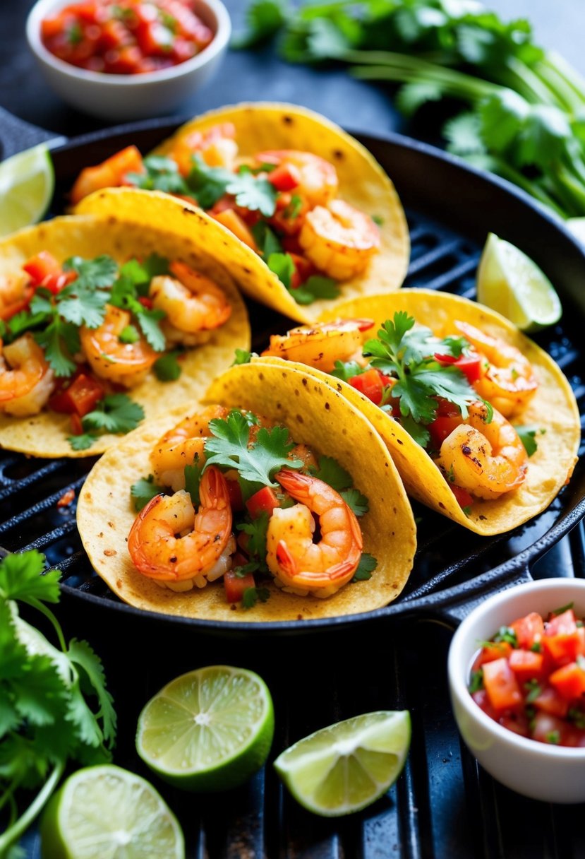 A sizzling pan of spicy shrimp tacos sizzling on a grill, surrounded by colorful ingredients like fresh cilantro, lime wedges, and vibrant red salsa