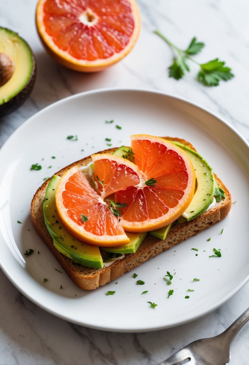 A plate of avocado toast topped with sliced grapefruit and a sprinkle of herbs on a white marble table