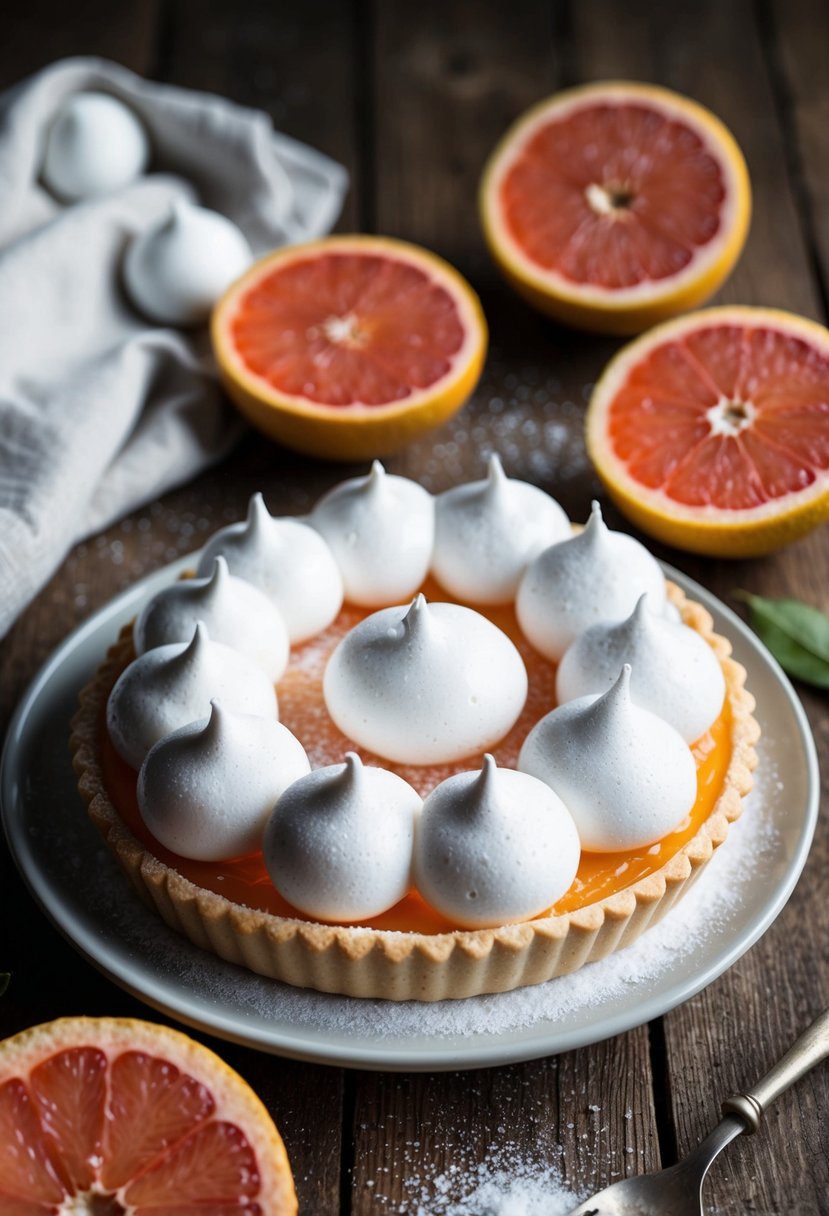 A white grapefruit meringue pie sits on a rustic wooden table, surrounded by fresh white grapefruits and a scattering of sugar