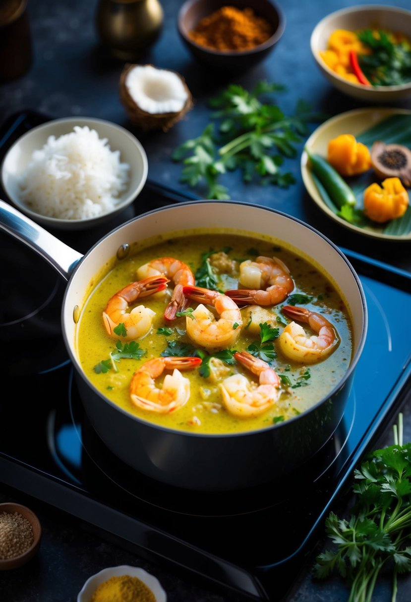 A bubbling pot of coconut shrimp curry simmers on a stove, surrounded by vibrant spices, fresh shrimp, and aromatic herbs