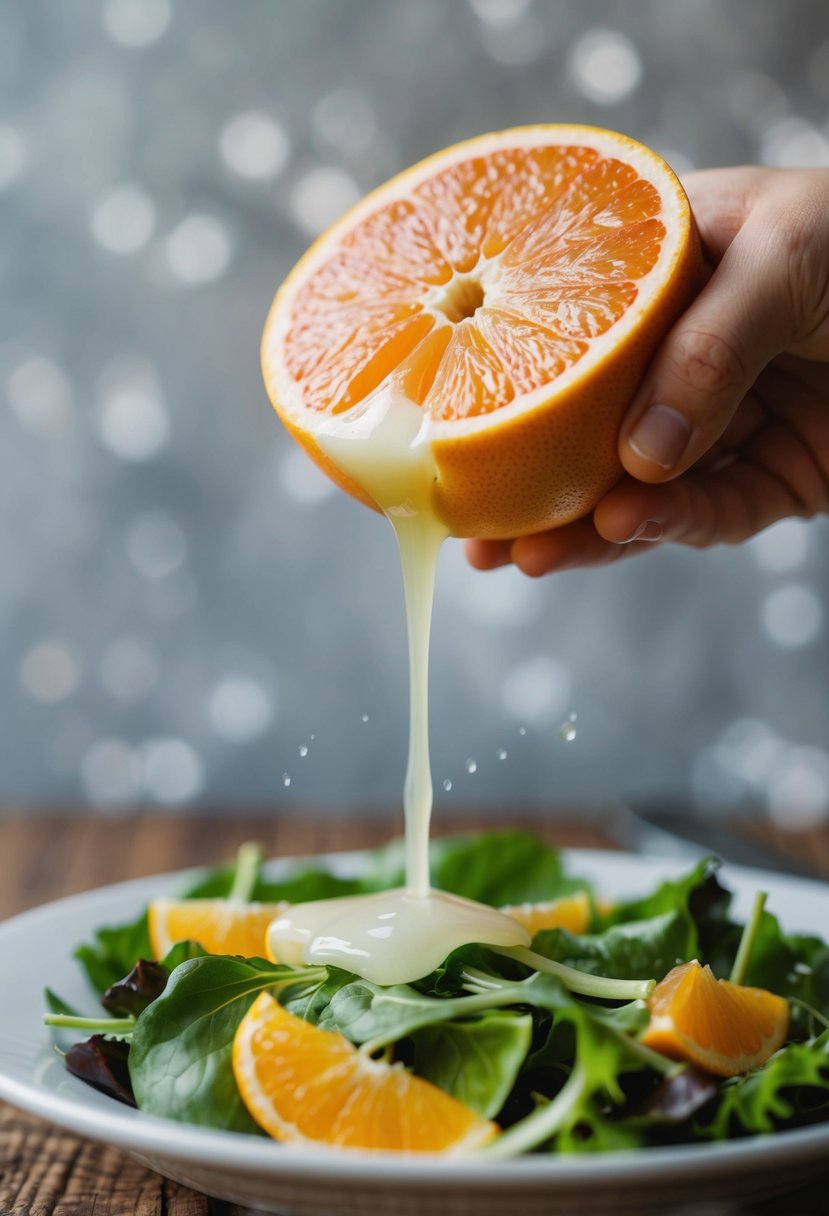 A white grapefruit being squeezed over a salad, with the juice drizzling over the greens