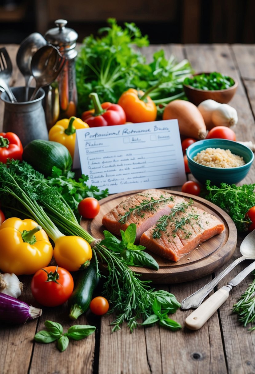 A rustic wooden table with an assortment of colorful vegetables, herbs, and lean protein, surrounded by vintage kitchen utensils and a handwritten recipe card